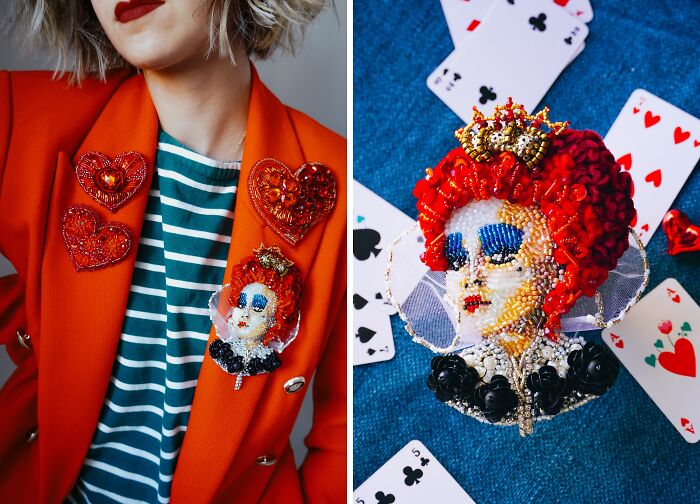 A two-panel image showing a person wearing heart and Queen of Hearts beaded brooches, by Tiffany Pisani.