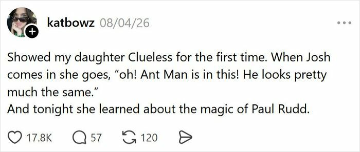 A tweet showcasing the comedy of raising kids, with a daughter identifying Paul Rudd as Ant-Man.