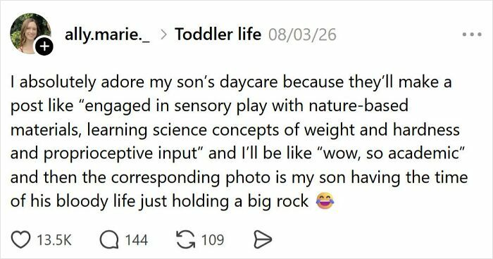 A tweet about the comedy of raising kids, contrasting daycare descriptions with a child playing with a rock.