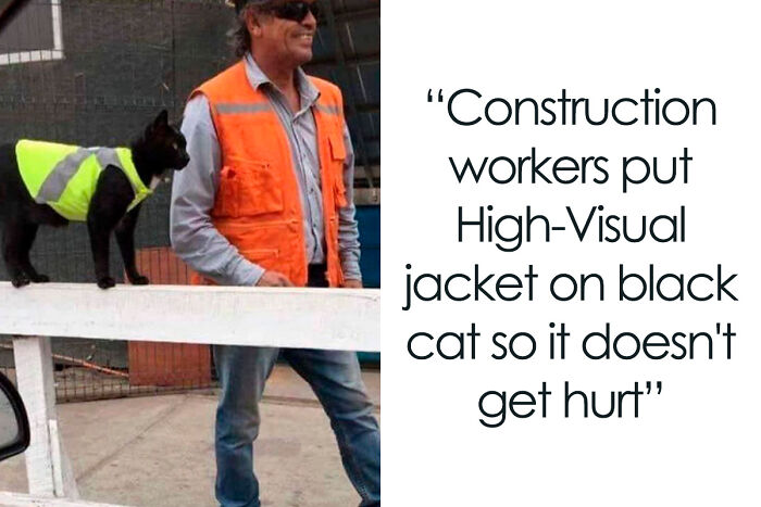 A construction worker standing next to a black cat wearing a high-visibility jacket, a wholesome post.