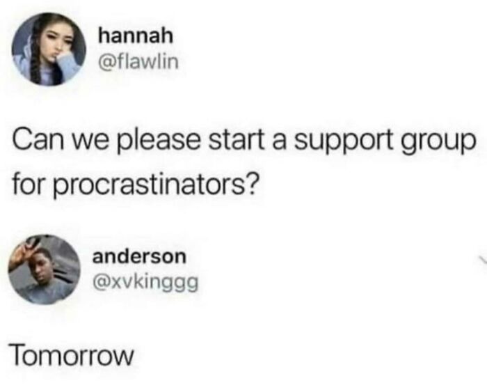 A wholesome post showing a tweet about starting a support group for procrastinators, with a reply saying Tomorrow.