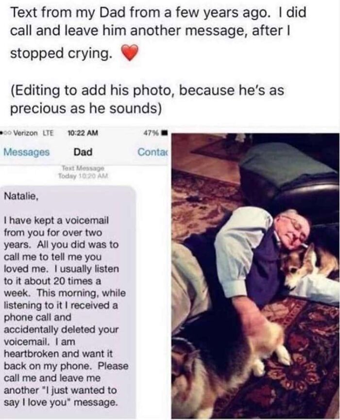 A wholesome post showing a text message from a dad and a photo of him sleeping with his dog.