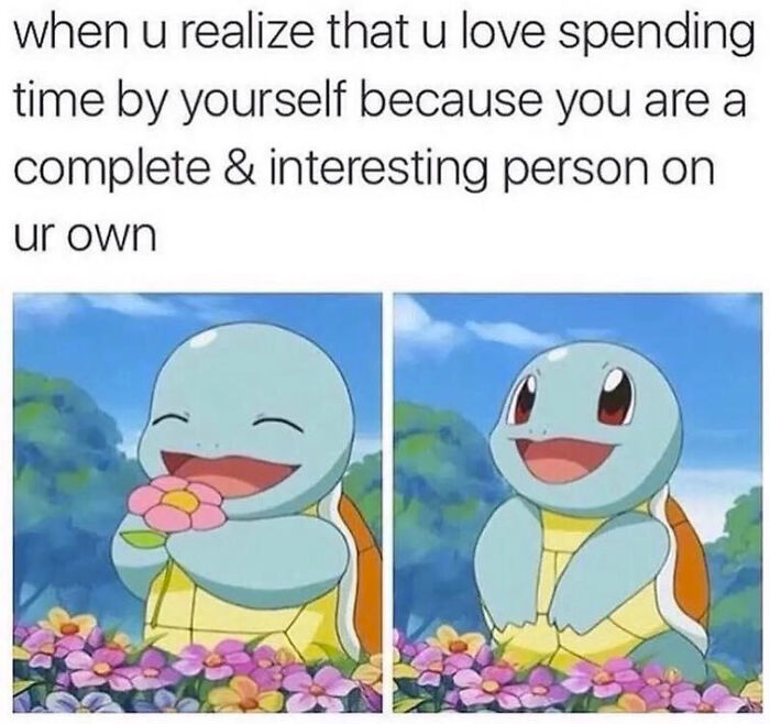 A wholesome post with two images of Squirtle from Pokemon, happily surrounded by flowers, representing self-love.