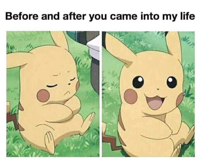 A wholesome post showing a split image of Pikachu, first sad then happy after someone came into its life.
