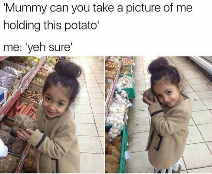 A wholesome post showing a little girl happily holding a potato in a grocery store aisle, smiling for a picture.