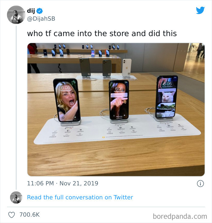 Wholesome posts show three iPhones displaying funny images in a store, like a tiny break from everything.