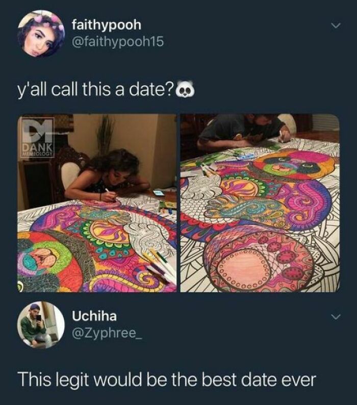 A screenshot of a tweet showing a couple coloring a large mandala together. It's one of many wholesome posts.
