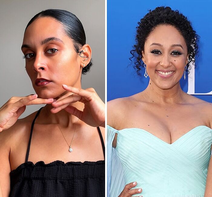 A split image of actress Tamera Mowry-Housley on the left and a woman with a strong resemblance on the right, illustrating celebrity look-alikes.