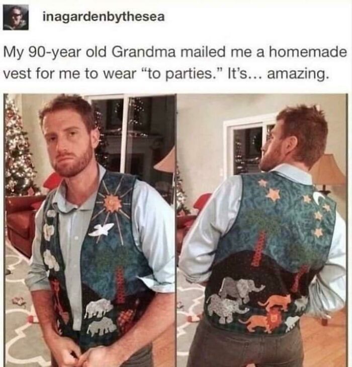 A man wearing a homemade vest made by his grandma, featuring a sun, dove, and various animals. Wholesome posts.