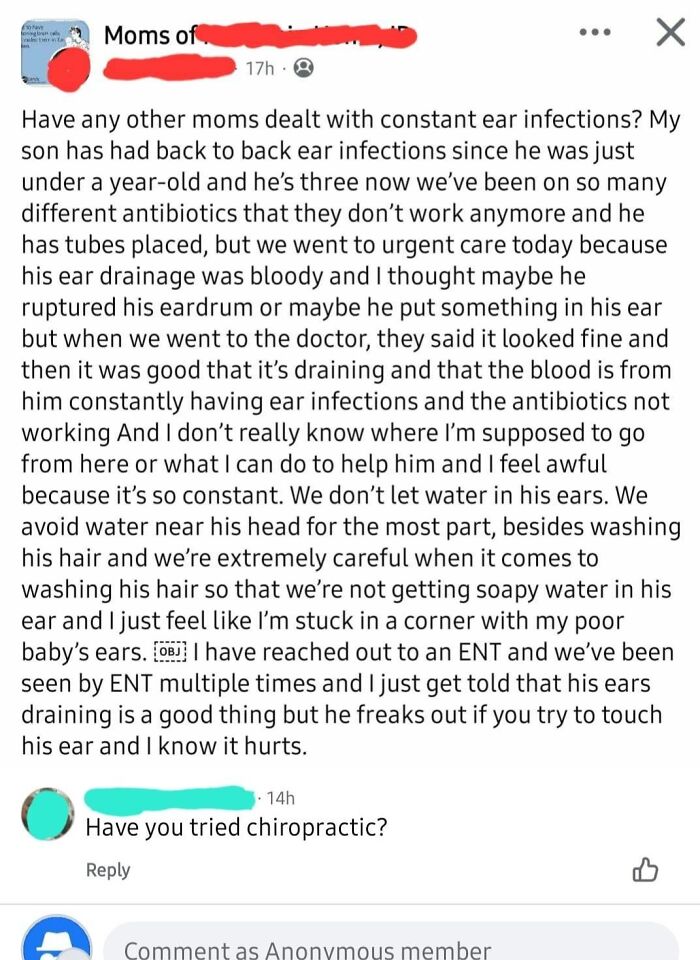 A mom in a parenting group discusses her son's constant ear infections and struggles with traditional medicine, exposing themselves.
