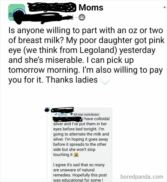 A social media post from a parenting group shows an unhinged mom asking for breast milk for pink eye.