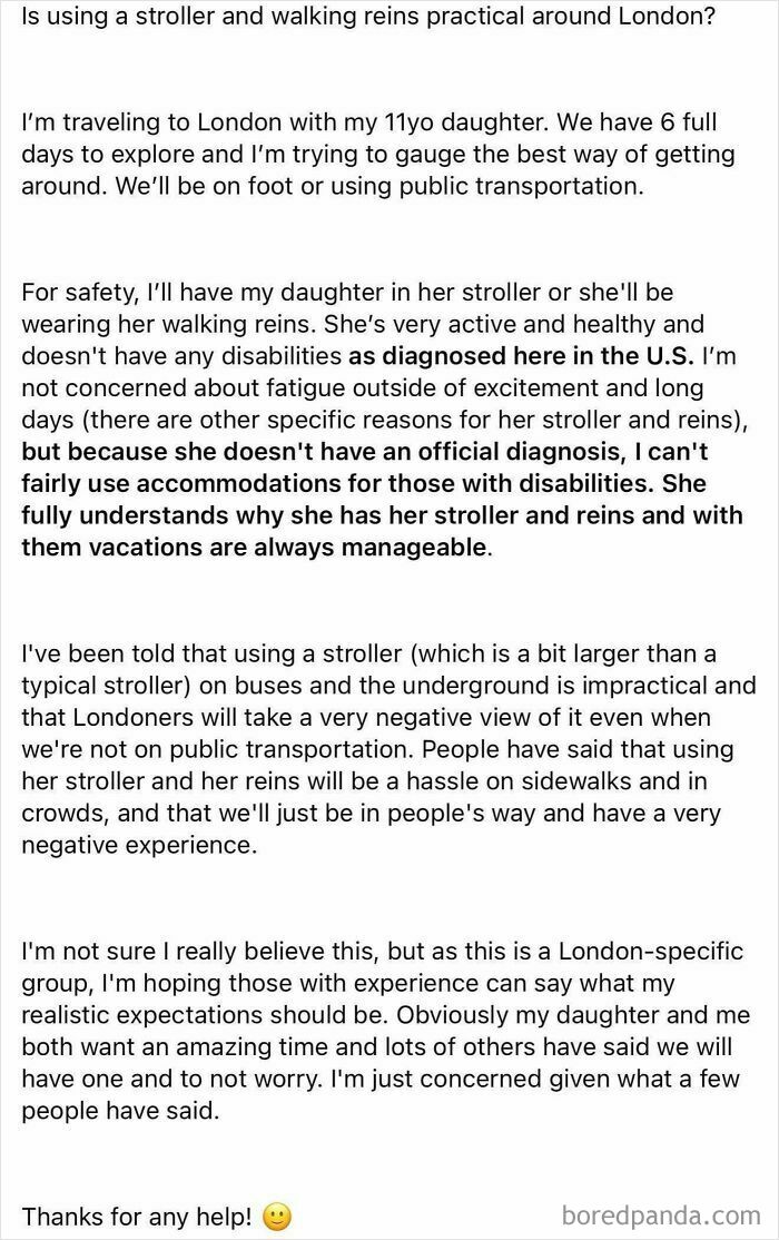 A lengthy social media post from a parenting group about a mom asking if a stroller and walking reins are practical in London for her 11-year-old.