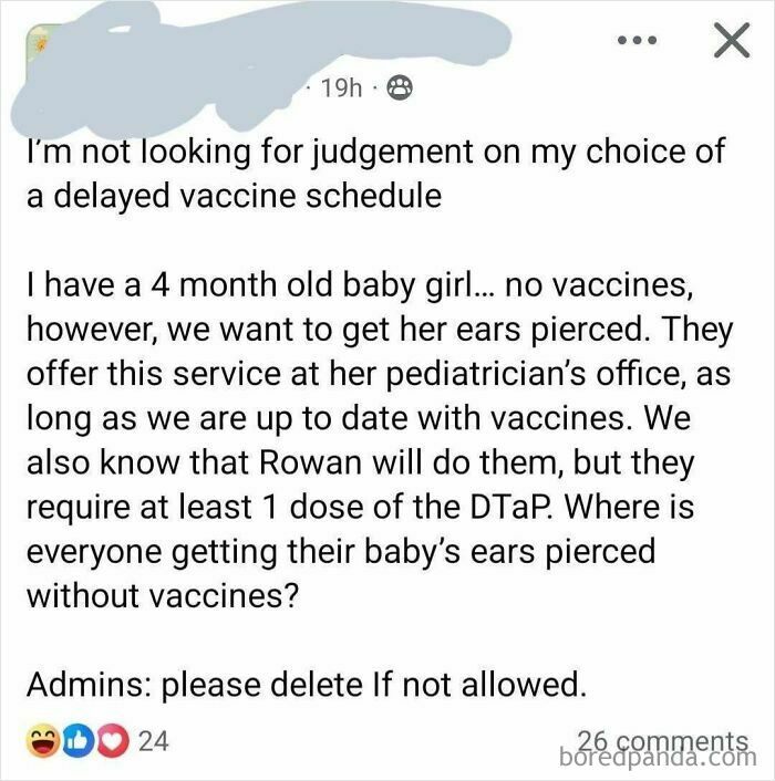 A social media post from a parenting group showing a mom asking where to get a baby's ears pierced without vaccines.