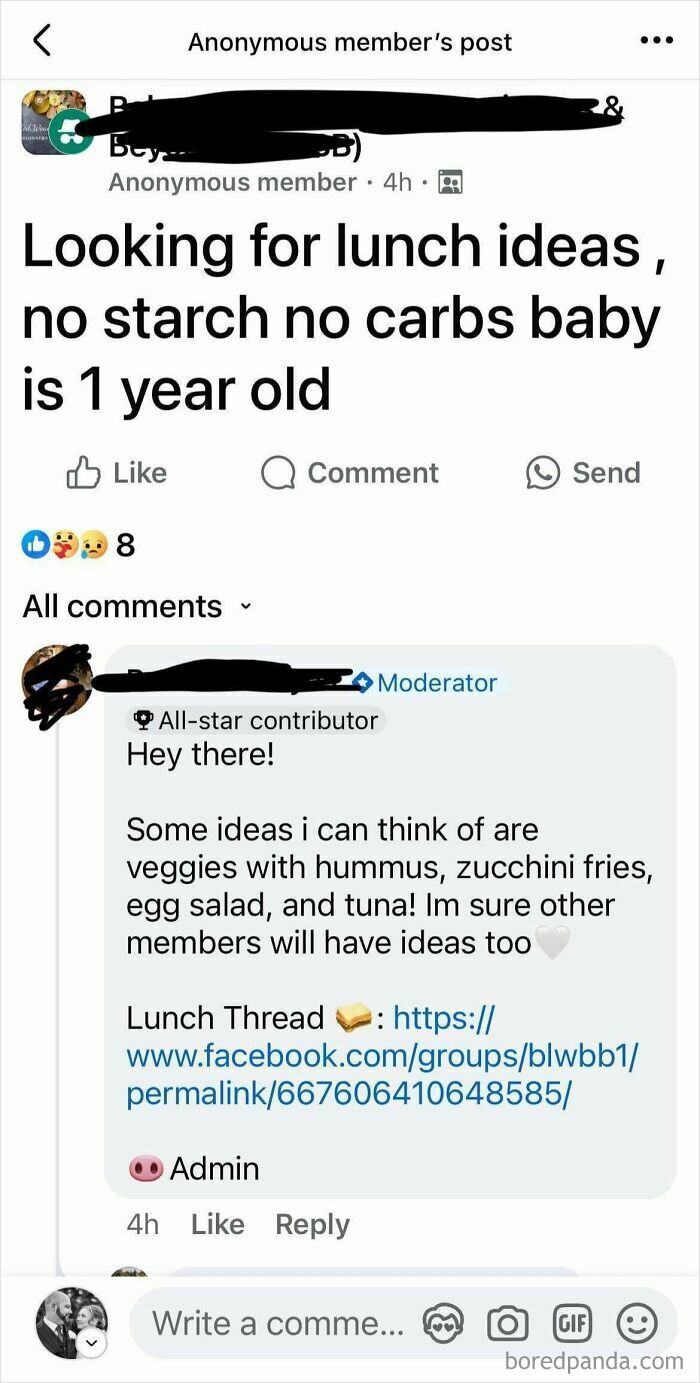 A social media post from a parenting group about a mom asking for lunch ideas for her 1-year-old with no starch or carbs.