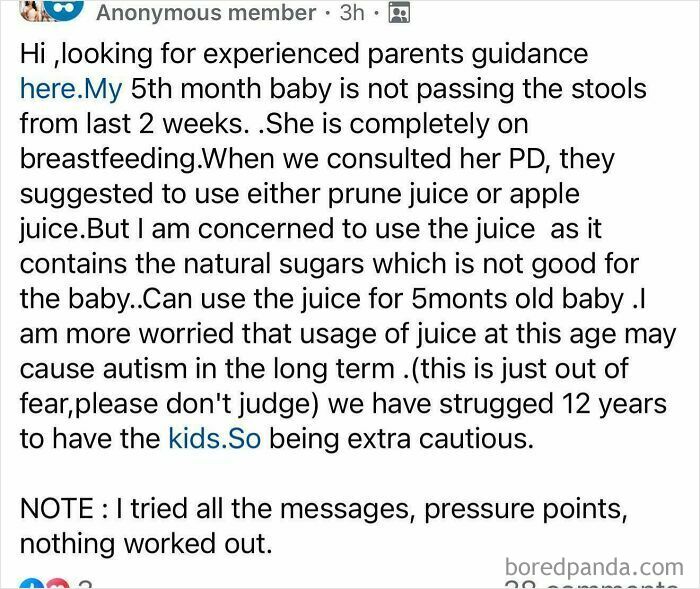 A toxic mom expresses fear that prune juice for her constipated 5-month-old could cause autism, asking for parenting guidance.