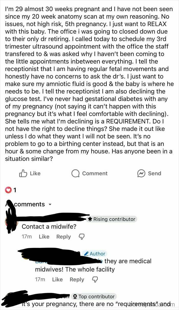 An unhinged mom shares a lengthy post about declining pregnancy appointments and tests, sparking debate in a parenting group.
