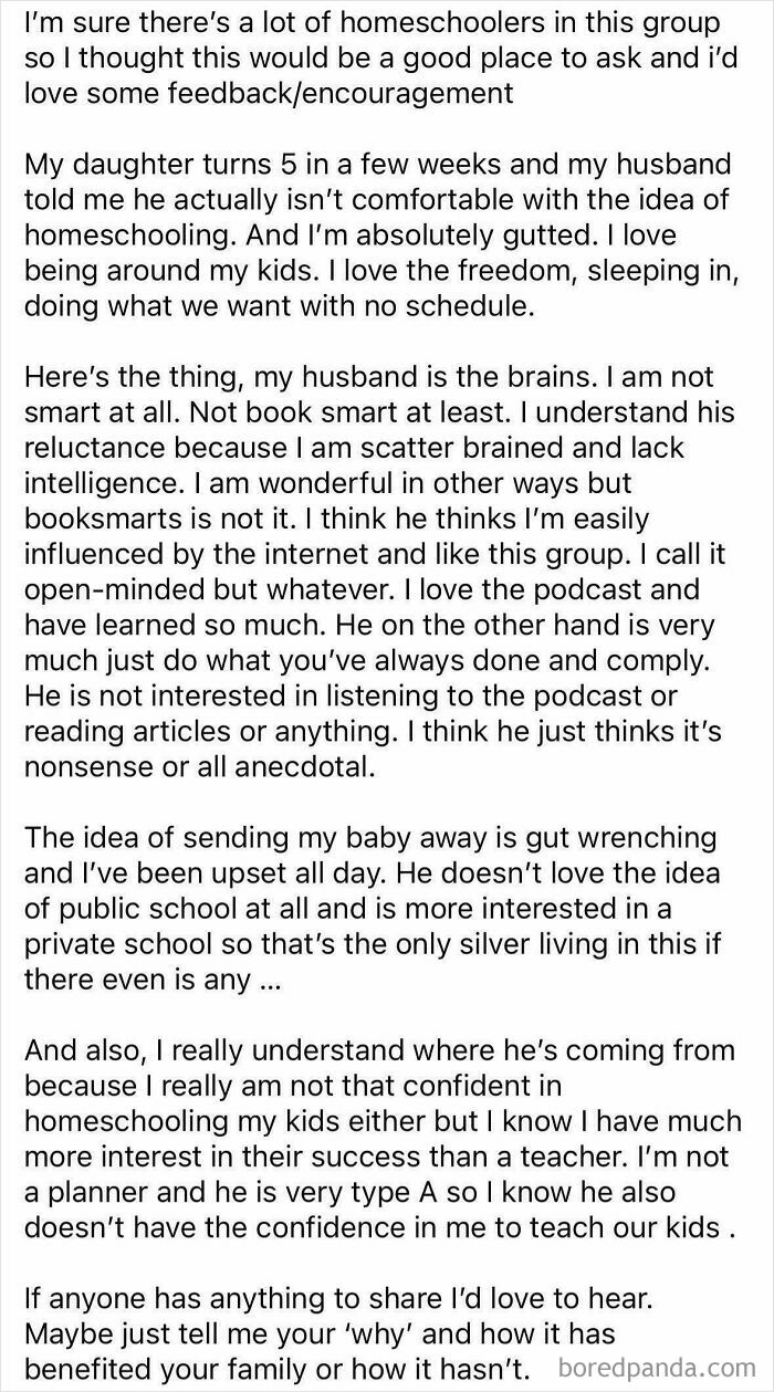 A lengthy post from a parenting group member discussing homeschooling, highlighting unhinged mom and parenting challenges.