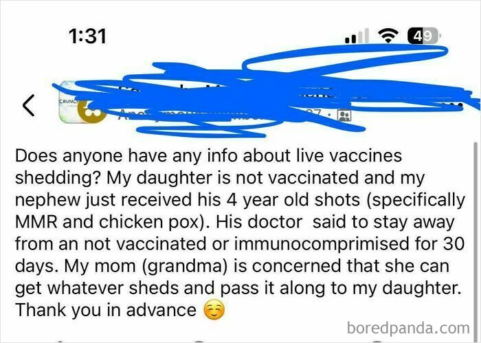A screen capture of a post from a parenting group discussing live vaccines and unvaccinated children, showcasing unhinged mom.