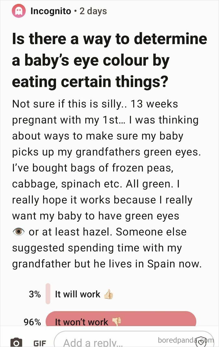 A social media post from an unhinged mom asking if eating certain foods will change her baby's eye color.