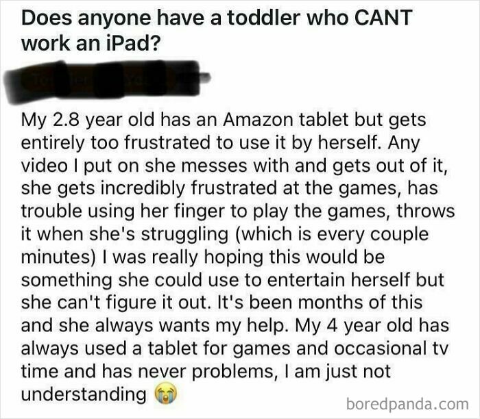 A parenting group post about a 2.8-year-old toddler struggling to use an Amazon tablet, despite a 4-year-old being adept, highlighting a mom's frustration with their unhinged child.