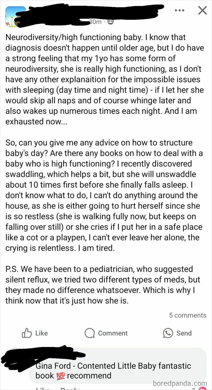 A social media post from a parenting group showing a mom discussing her high-functioning baby's sleep issues and neurodiversity concerns.