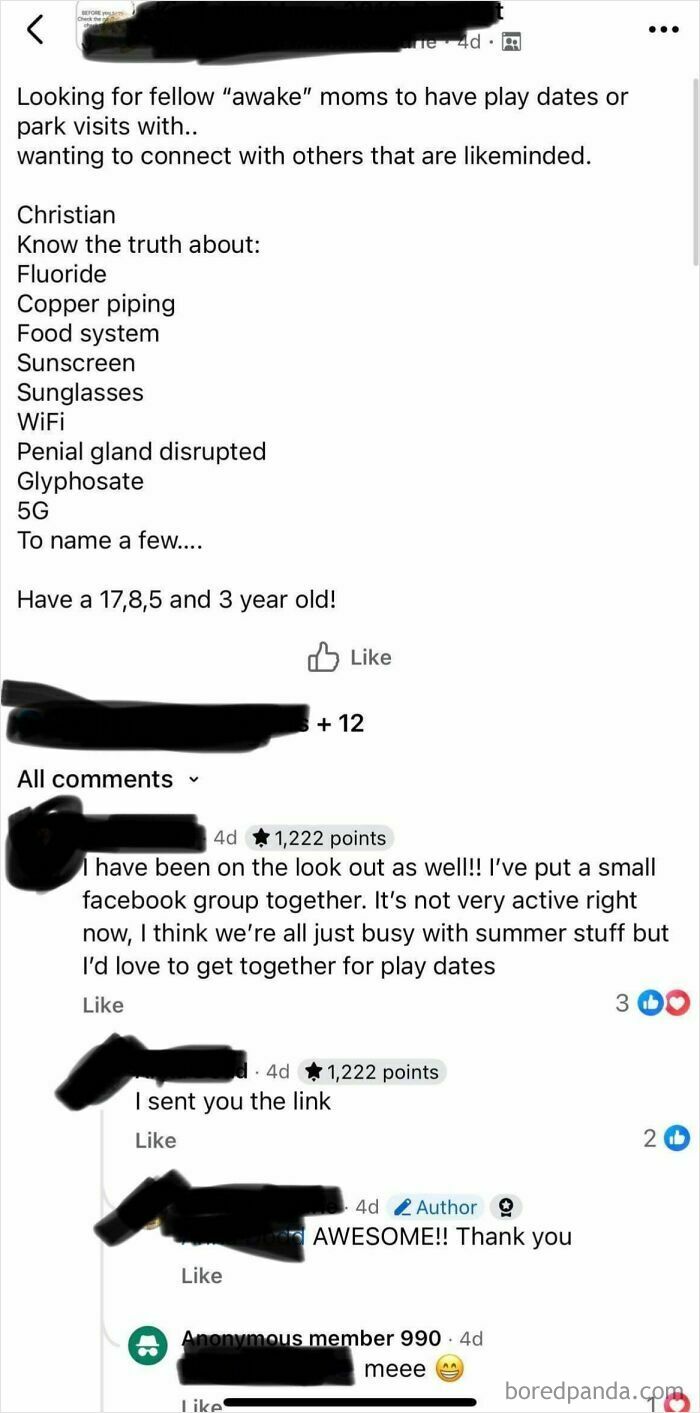 An unhinged mom seeks 'awake' parents for playdates, listing unusual topics like fluoride, 5G, and glyphosate in a parenting group.
