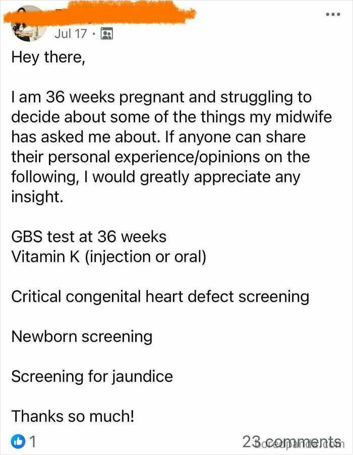 A toxic mom asks for advice on declining GBS, Vitamin K, and other newborn screenings in a parenting group.