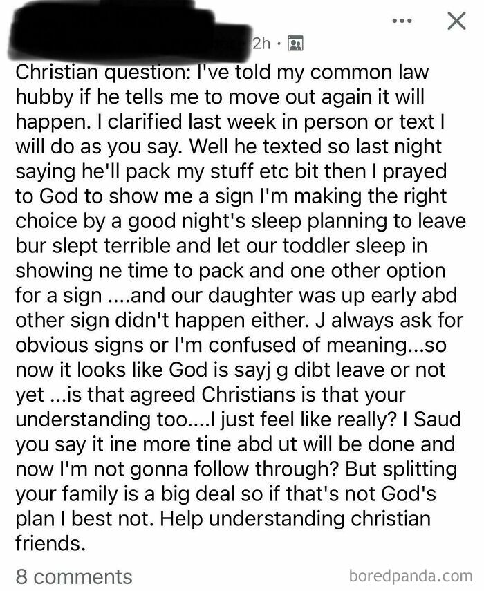 A post from a parenting group asking for Christian advice on leaving a relationship, reflecting on unhinged mom and family.