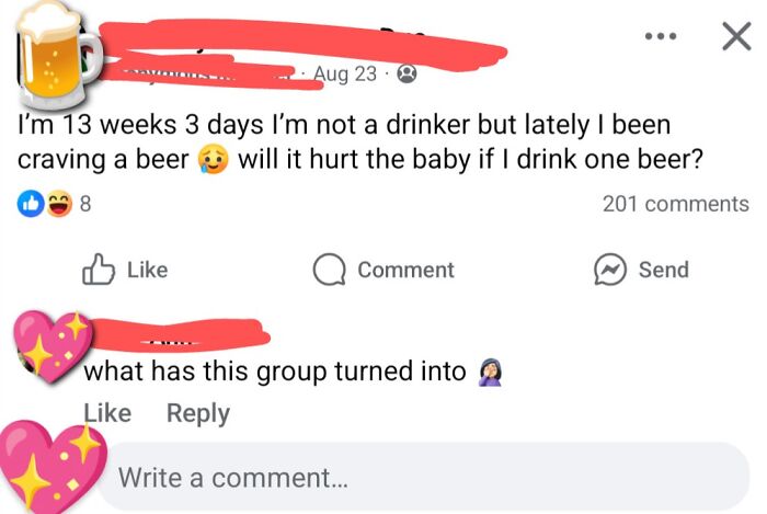 A social media post from a parenting group where a pregnant mom asks if drinking one beer will harm her baby, exposing toxic parenting.