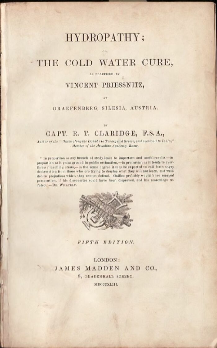 An old book cover titled Hydropathy; or, The Cold Water Cure, reflecting past doctors tools and terrifying methods.