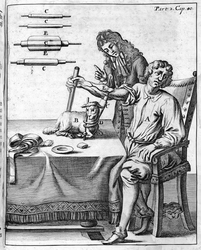 An old engraving illustrates terrifying methods doctors used, showing a patient with tubes and a lamb for treatment.