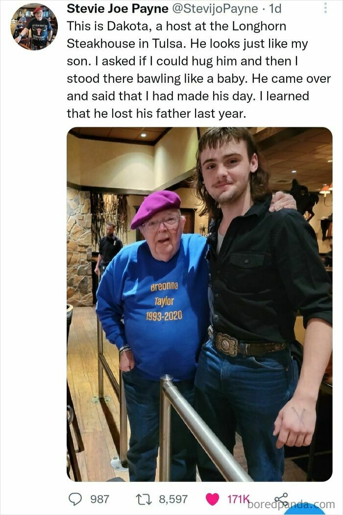 A wholesome post showing Dakota, a steakhouse host, embracing an older man who said Dakota reminded him of his son.