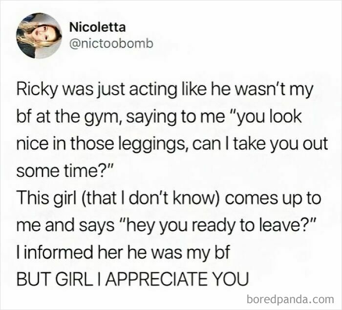 A wholesome post featuring a text conversation about a girl intervening when a boyfriend flirted at the gym.