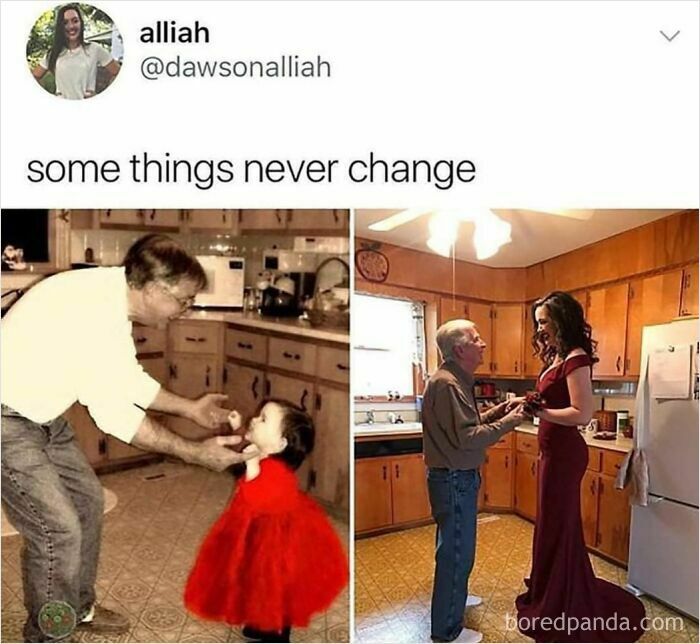 A side-by-side image of a man and a girl as a child and as an adult, illustrating wholesome posts of things that never change.