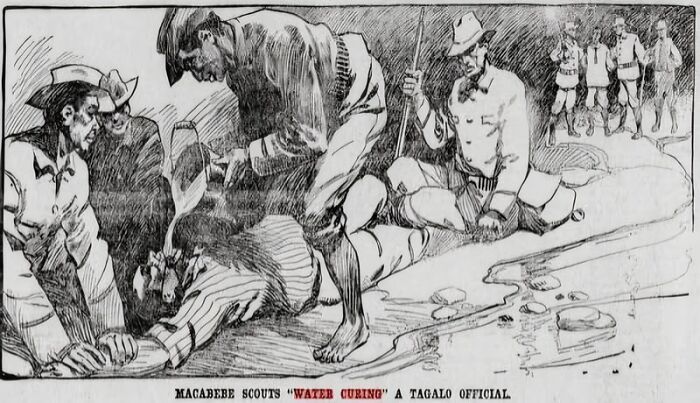 Historical doctors used terrifying methods like water curing, as seen in this old illustration depicting Macabebe Scouts.
