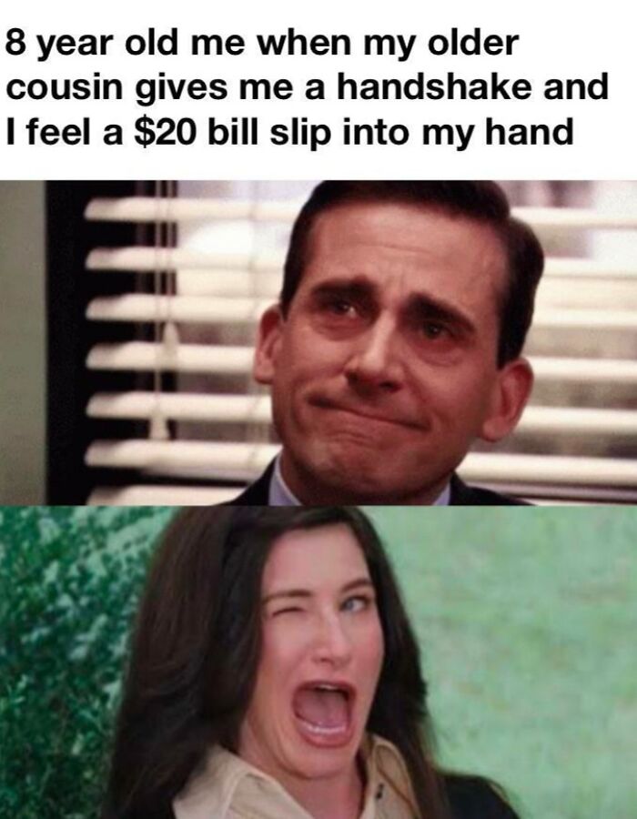 A wholesome post with a two-panel meme: Michael Scott looking emotional and Kathryn Hahn winking, excited for money.