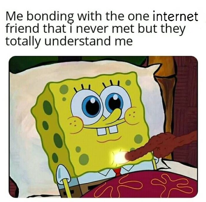 A wholesome post of Spongebob Squarepants in bed, bonding with an internet friend.