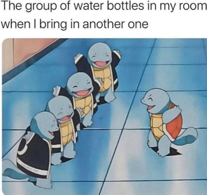 Four Squirtles in suits happily greet a fifth Squirtle, a wholesome post for a tiny break from everything.