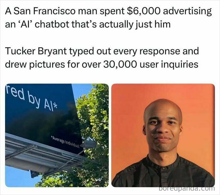 Pop culture post of a man smiling next to a billboard advertising AI, with the text partially visible.