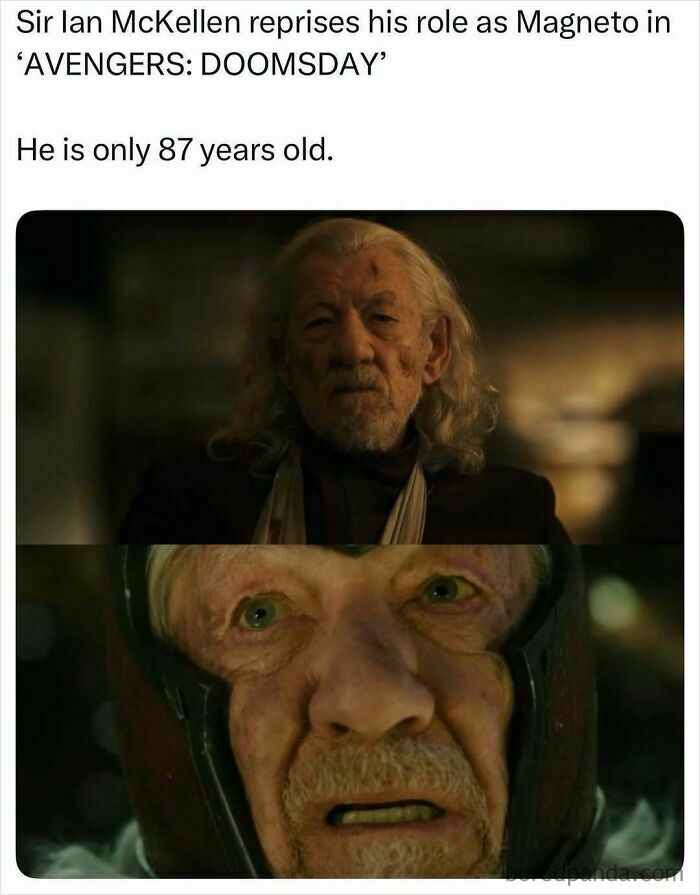 Sir Ian McKellen as Magneto and an older man's face, a pop culture post for good vibes.