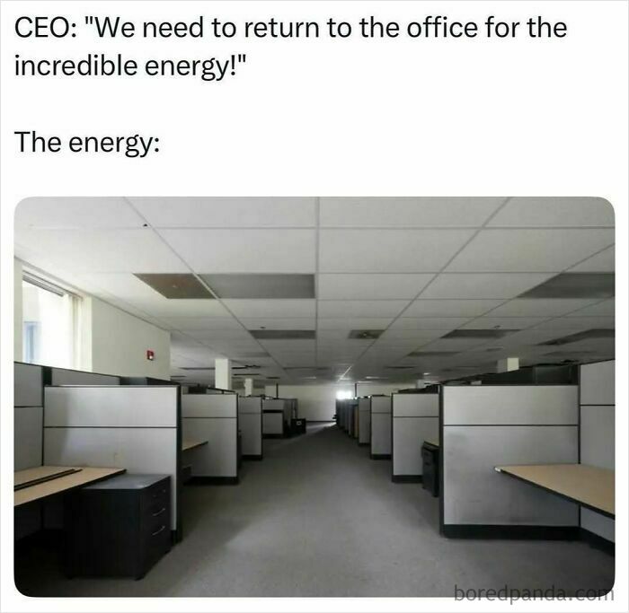 Humorous meme about pop culture posts; a blank, desolate office space illustrating a CEO's empty promise of energy.