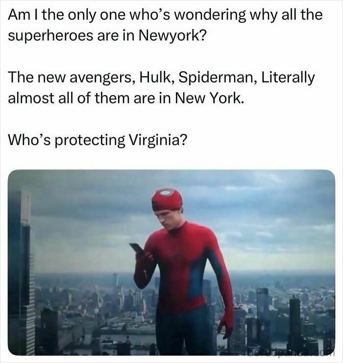 A pop culture meme showing Spider-Man looking at his phone in New York, questioning why all superheroes are in New York.