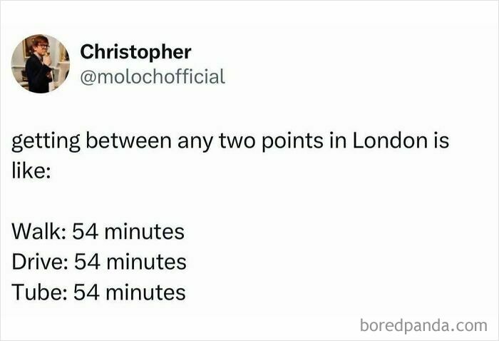 A social media post humorously describing London travel times, part of pop culture posts.