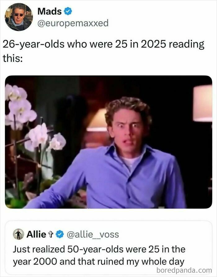 Relatable pop culture post featuring a meme about realizing age in a humorous and slightly shocking way.