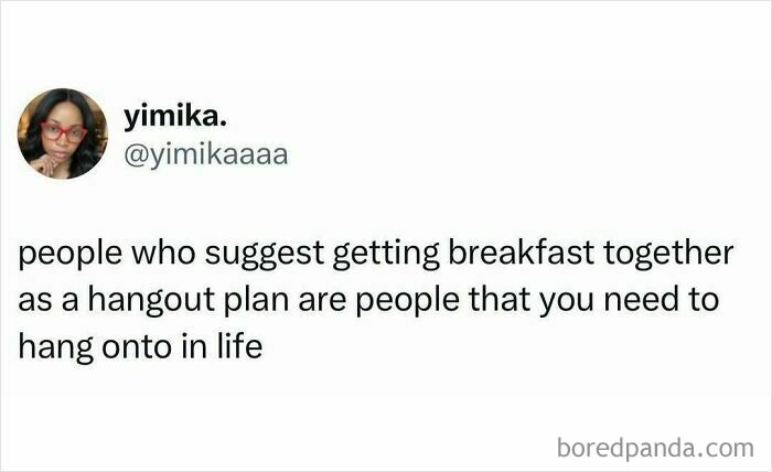 A Yimika pop culture post about people who suggest breakfast as a hangout plan for instant good vibes.
