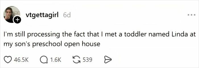 A tweet about meeting a toddler named Linda, showcasing the comedy of raising kids.