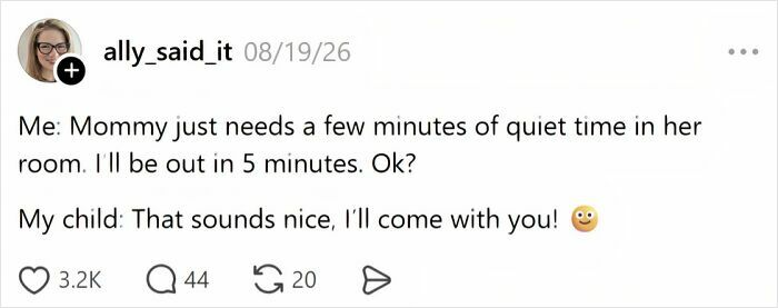 A parent's tweet about their child wanting to join their quiet time, highlighting the comedy of raising kids.