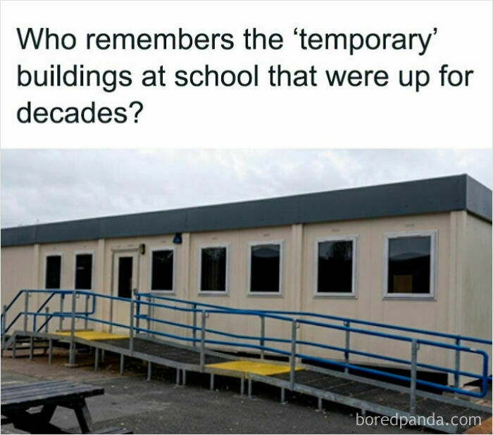 A British meme showing a modular school building, humorously referring to temporary structures.