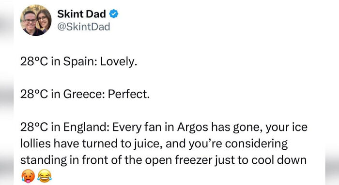 British Memes: A tweet describing the struggle of 28 degrees Celsius in England, showing the British reaction to heat.