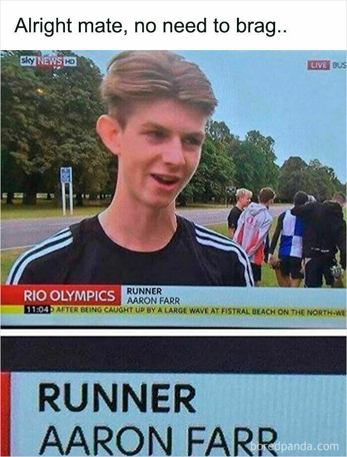 A British meme featuring a news report showing runner Aaron Farr on Sky News HD, with a sarcastic caption.